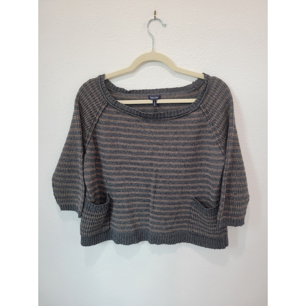 Splendid Womens L Cropped gray and brown striped sweater Three‎ Quarter sleeves